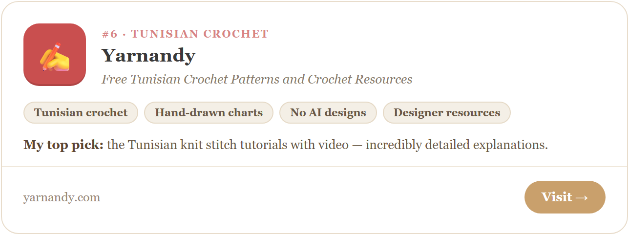 Yarnandy — free Tunisian crochet patterns and crochet resources. Hand-drawn charts, detailed tutorials, stitch guides and designer resources from a no-AI crochet designer.